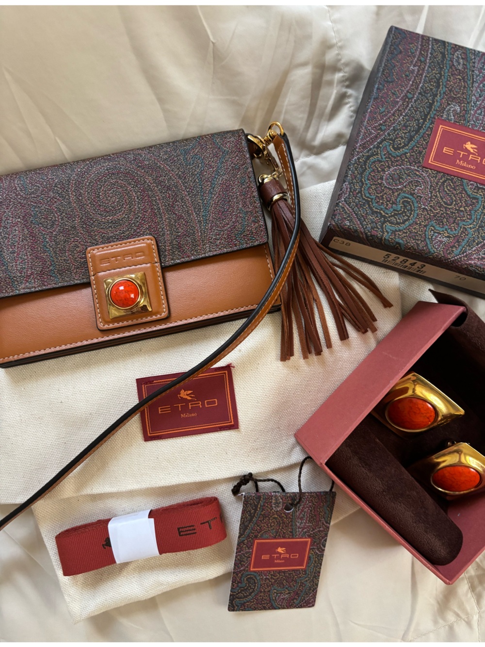 Etro Milano Paisley Crossbody Tan Leather Red Stone Gold Matching Earrings Boho - Picture 14 of 17